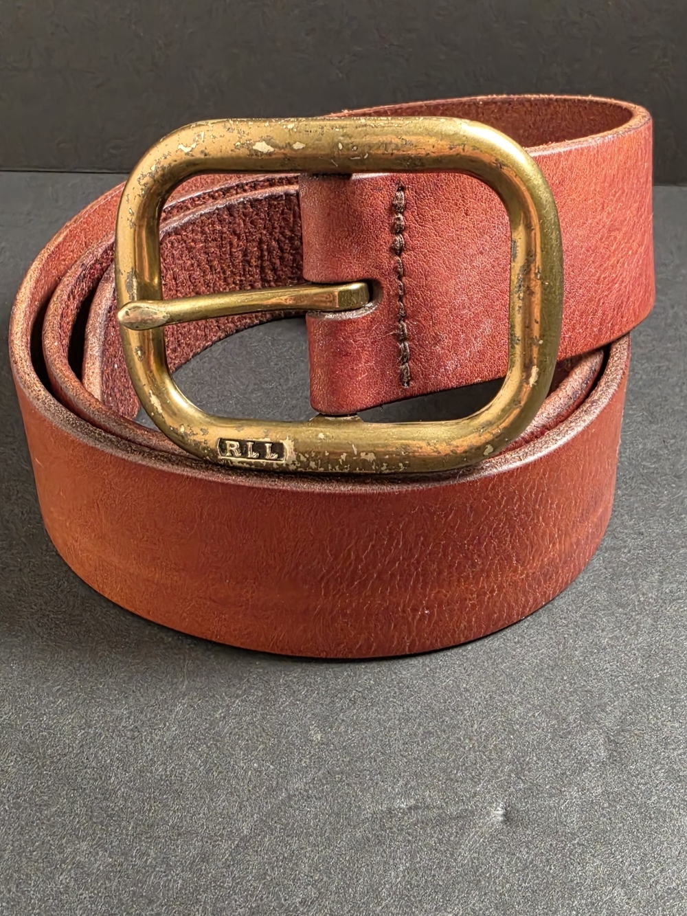 Lauren Ralph Lauren Distressed Copper-Brown Leather Belt with Brass RLL Buckle